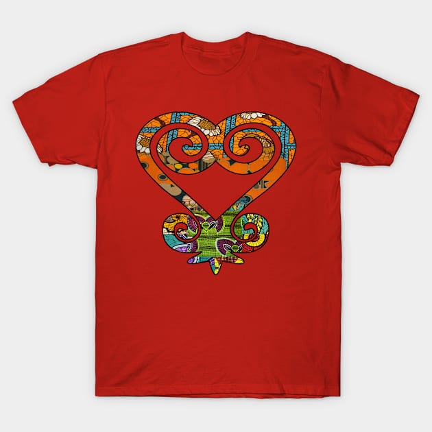 Golden Floral African Print Sankofa Heart T-Shirt by artbyomega